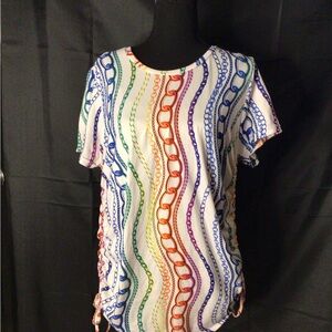 #742. Blue and Red Ruched Short Sleeve Blouse